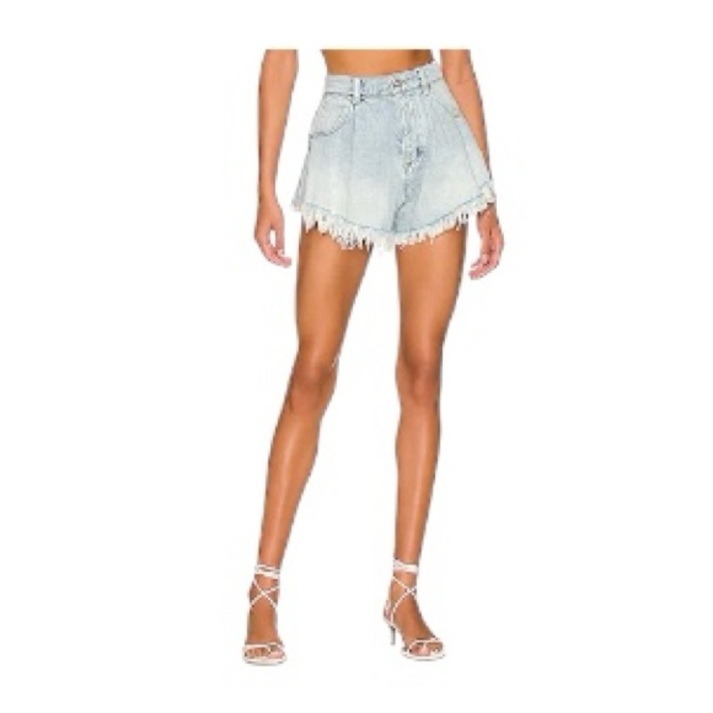 Free People Harlie Denim Shortie in Mirage Fray Blue Flared Denim Shorts Size 28